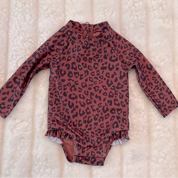 BABY GIRL GAP RUFFLE bottom snap Leopard Print Long Sleeve Swimsuit - Picture 1 of 4